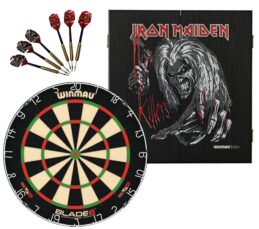 Winmau Blade 6 Dart Board + Iron Maiden Killers Dartboard Cabinet + Darts Set
