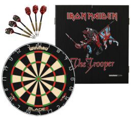 Winmau Blade 6 Dart Board + Iron Maiden The Trooper Dartboard Cabinet + Darts Set