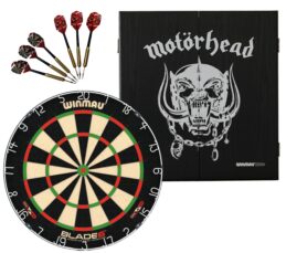 Winmau Blade 6 Dart Board + Motorhead War Pig Dartboard Cabinet + Darts Set