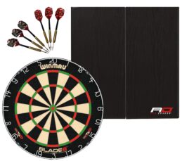 Winmau Blade 6 Dart Board + Red Dragon Deluxe Black Dartboard Cabinet + Darts