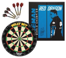 Shot Darts Michael Smith Bully Boy Dart Board + Red Dragon Gerwyn Price Cabinet + Darts