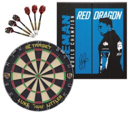 Target Luke 'The Nuke' Littler Dart Board + Red Dragon Gerwyn Price Cabinet + Darts