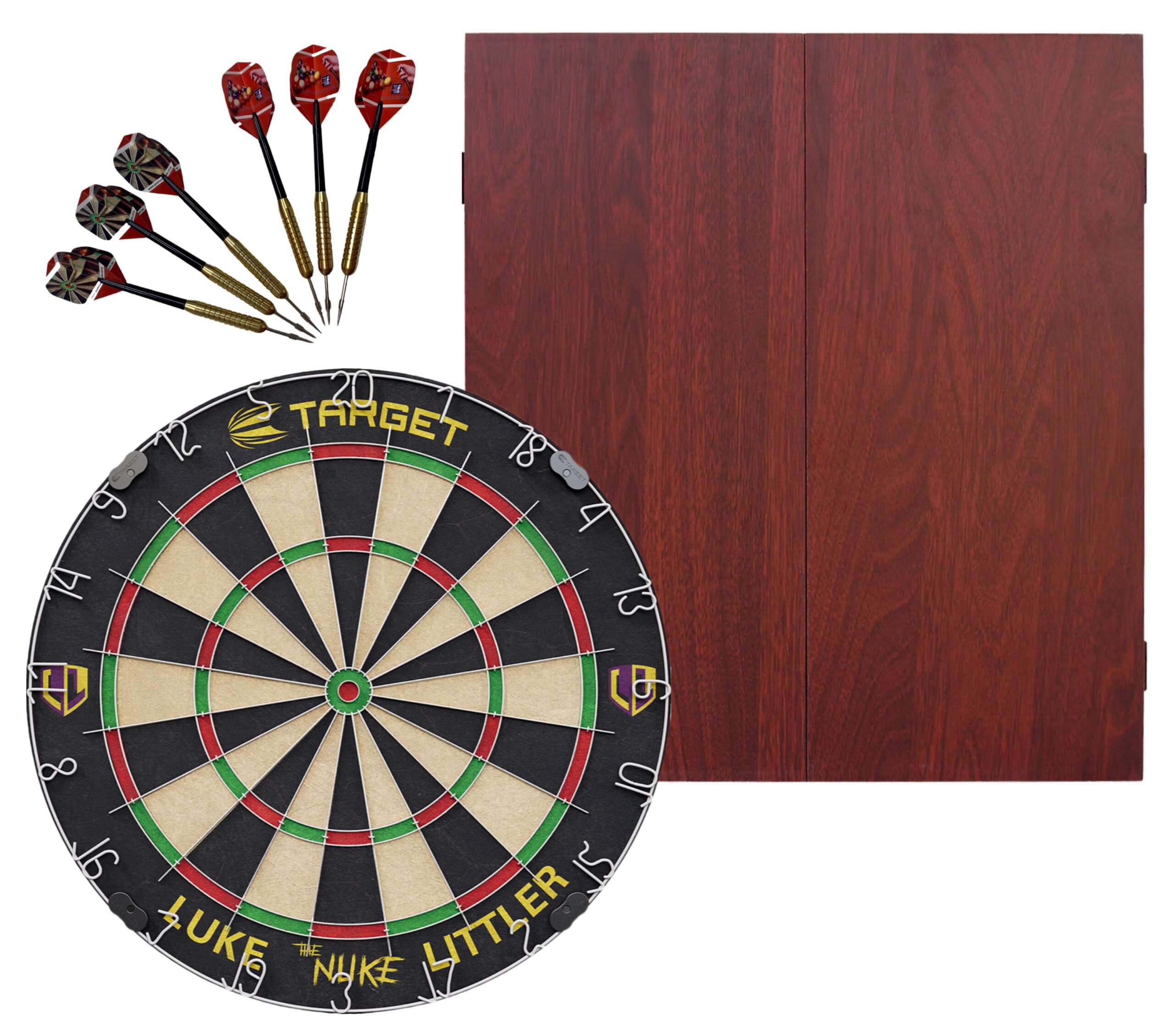 Target Luke 'The Nuke' Littler Dart Board + Mahogany Cabinet + Darts 1 Target Luke 'The Nuke' Littler Dart Board + Mahogany Cabinet + Darts