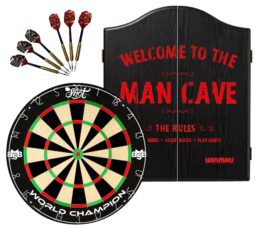 Shot Michael Smith Competition Dart Board + Winmau Man Cave Cabinet + Darts Set