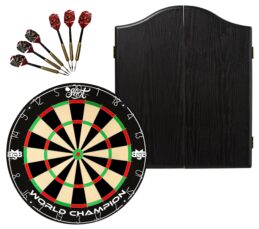 Shot Michael Smith Competition Dart Board + Winmau Black Cabinet + Darts Set
