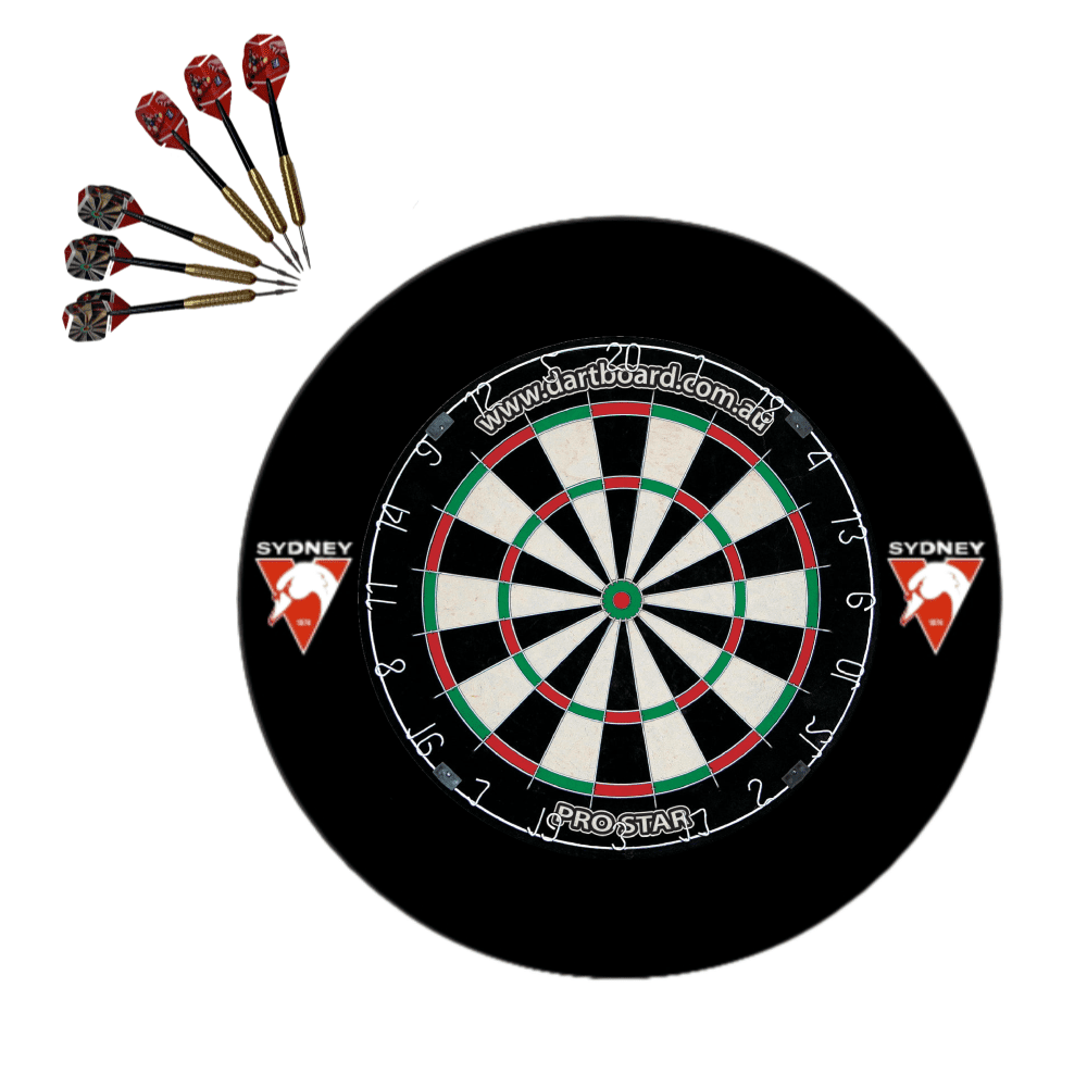 Pro Star Genuine Bristle Dart Board + Sydney Swans AFL Surround + Darts 1 Pro Star Genuine Bristle Dart Board + Sydney Swans AFL Surround + Darts