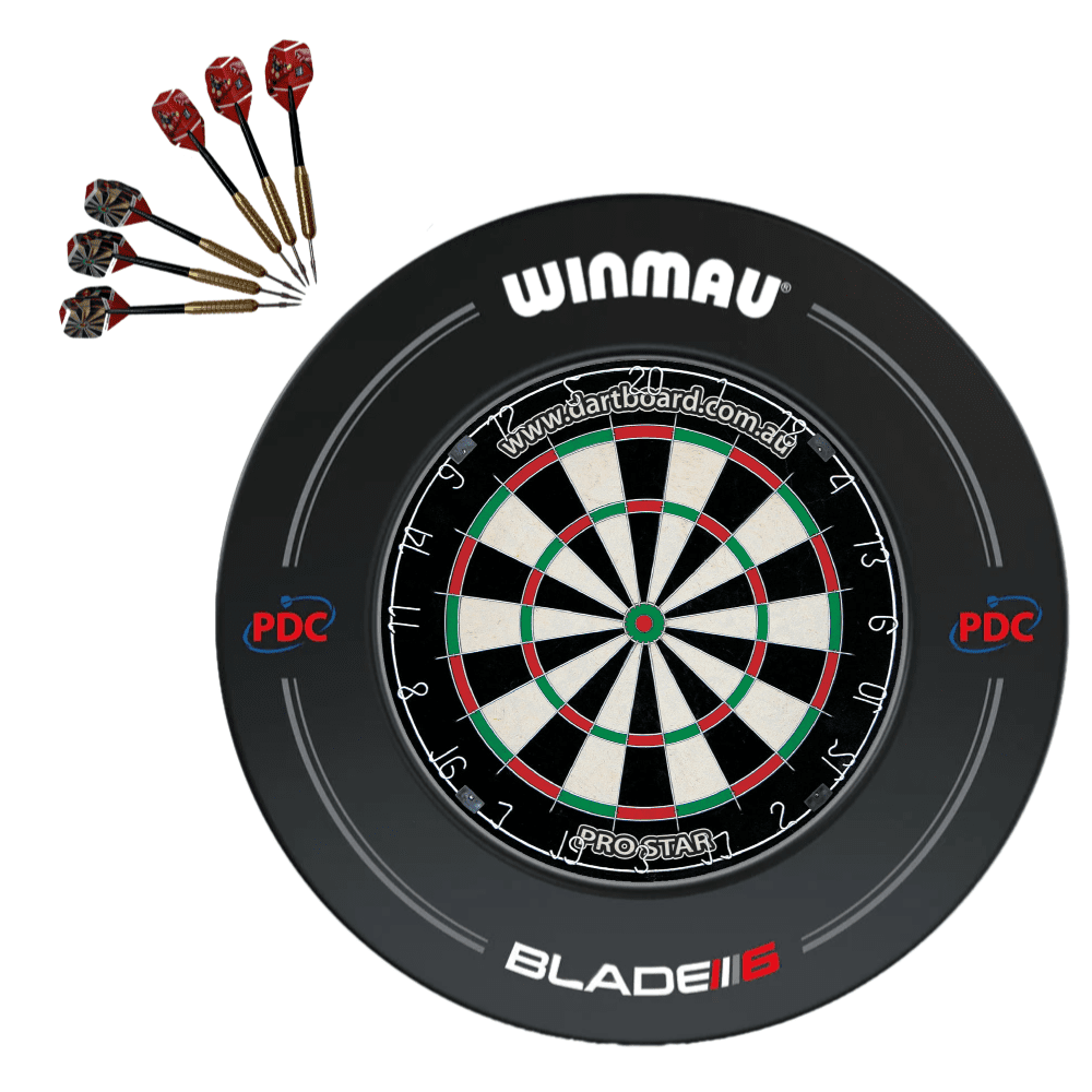 Pro Star Genuine Bristle Dart Board + Winmau Blade 6 Pro Line Surround + Darts 1 Pro Star Genuine Bristle Dart Board + Winmau Blade 6 Pro Line Surround + Darts