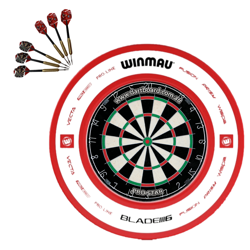 Pro Star Genuine Bristle Dart Board + Winmau Pro-Line Red 2.0 Surround + Darts 1 Pro Star Genuine Bristle Dart Board + Winmau Pro-Line Red 2.0 Surround + Darts