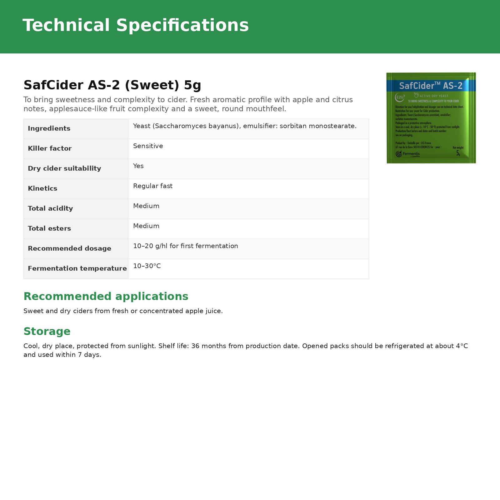 Fermentis SafCider AS-2 (Sweet) Cider Yeast 5g 2 Fermentis SafCider AS-2 (Sweet) Cider Yeast 5g - Image 2
