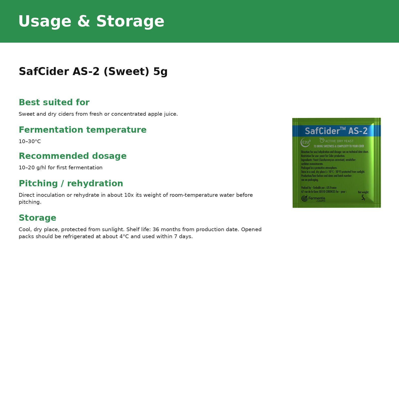 Fermentis SafCider AS-2 (Sweet) Cider Yeast 5g 3 Fermentis SafCider AS-2 (Sweet) Cider Yeast 5g - Image 3