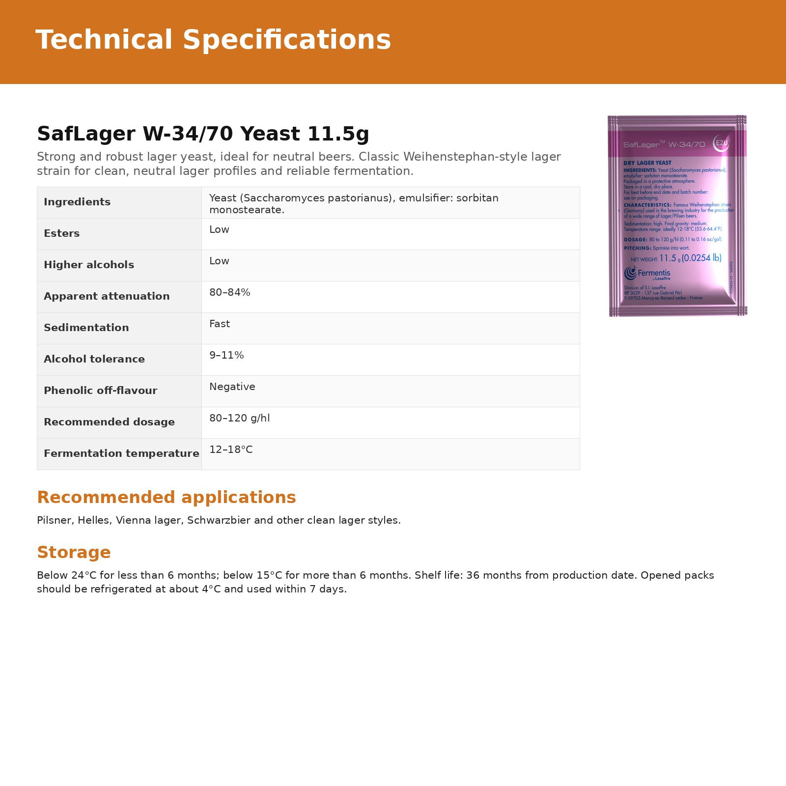 Fermentis SafLager W-34/70 Yeast Beer Yeast 11.5g - 5 Pack 2 Fermentis SafLager W-34/70 Yeast Beer Yeast 11.5g - 5 Pack - Image 2