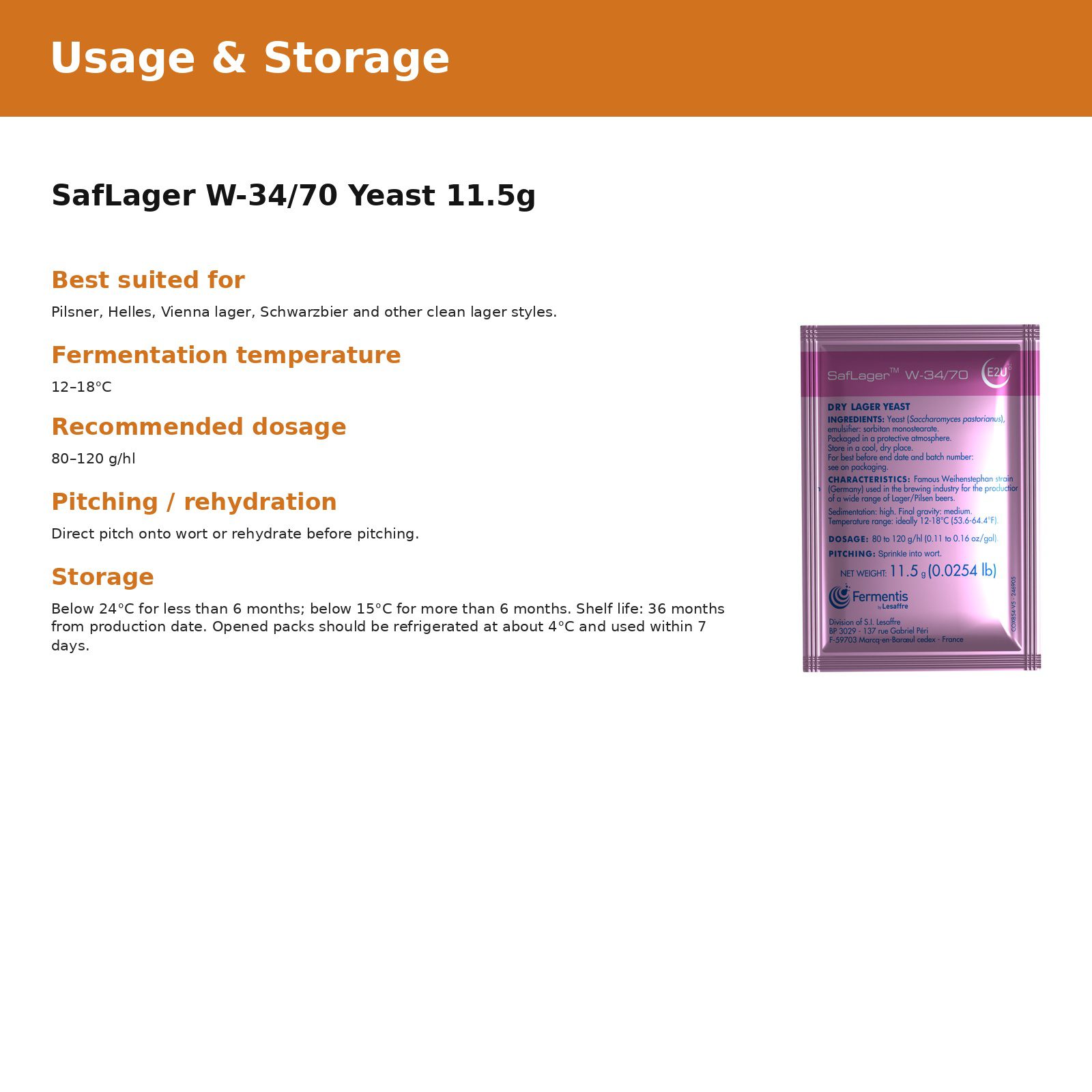 Fermentis SafLager W-34/70 Yeast Beer Yeast 11.5g - 5 Pack 3 Fermentis SafLager W-34/70 Yeast Beer Yeast 11.5g - 5 Pack - Image 3
