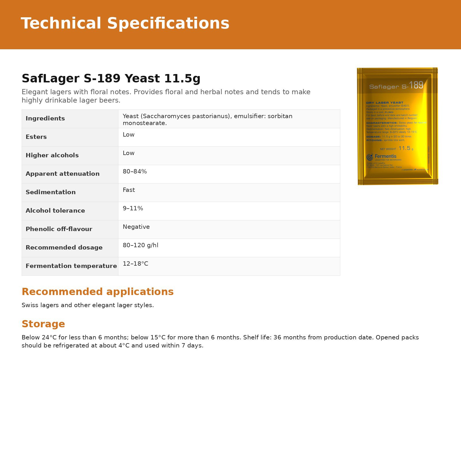 Fermentis SafLager S-189 Yeast Beer Yeast 11.5g - 5 Pack 2 Fermentis SafLager S-189 Yeast Beer Yeast 11.5g - 5 Pack - Image 2