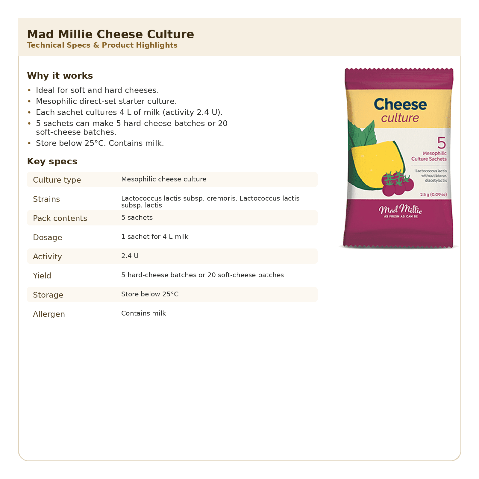 Mad Millie Cheese Culture - Mesophilic Starter for Soft & Hard Cheese 2 Mad Millie Cheese Culture - Mesophilic Starter for Soft & Hard Cheese - Image 2