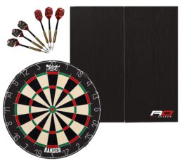 Shot Ranger Dartboard + Red Dragon RD Deluxe Black Woodgrain Cabinet + FREE Darts