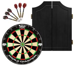 Shot Michael Smith Dartboard + Black Solid Wood Cabinet + FREE Darts