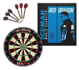 TEX Pro Dartboard + Red Dragon Gerwyn Price Iceman Cabinet + FREE Darts