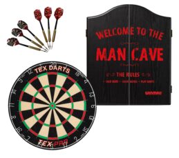 TEX Pro Dartboard + Winmau Man Cave Cabinet + FREE Darts
