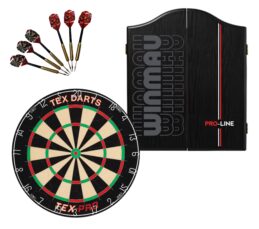 TEX Pro Dartboard + Winmau Pro-Line Cabinet + FREE Darts
