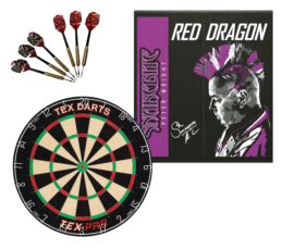 TEX Pro Dartboard + Red Dragon Peter Wright Snakebite Cabinet + FREE Darts