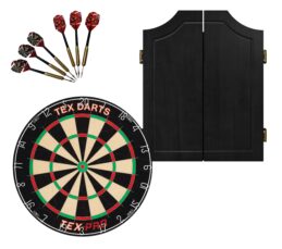 TEX Pro Dartboard + Black Solid Wood Cabinet + FREE Darts