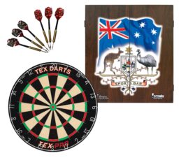 TEX Pro Dartboard + Sports Bar Coat of Arms Cabinet + FREE Darts