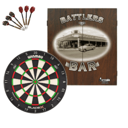Winmau Blade X Dartboard + Battlers Bar Holden Cabinet + FREE Darts