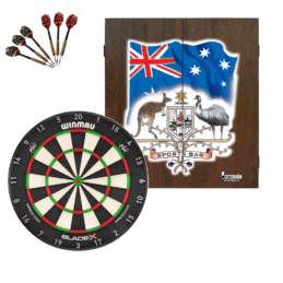Winmau Blade X Dartboard + Sports Bar Coat of Arms Cabinet + FREE Darts