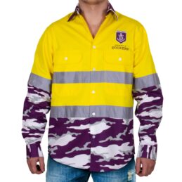 Fremantle Dockers AFL Camo Hi Vis Work Shirt Mens Long Sleeve Official Supporter Workwear
