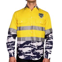 Geelong Cats AFL Camo Hi Vis Work Shirt Mens Long Sleeve Official Supporter Workwear