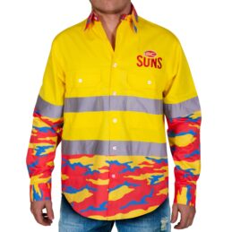 Gold Coast Suns AFL Camo Hi Vis Work Shirt Mens Long Sleeve Official Supporter Workwear