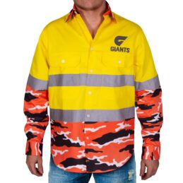 GWS Giants AFL Camo Hi Vis Work Shirt Mens Long Sleeve Official Supporter Workwear