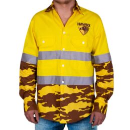 Hawthorn Hawks AFL Camo Hi Vis Work Shirt Mens Long Sleeve Official Supporter Workwear