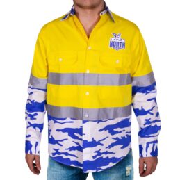 North Melbourne Kangaroos AFL Camo Hi Vis Work Shirt Mens Long Sleeve Official Supporter Workwear