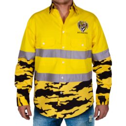 Richmond Tigers AFL Camo Hi Vis Work Shirt Mens Long Sleeve Official Supporter Workwear