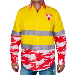 Sydney Swans AFL Camo Hi Vis Work Shirt Mens Long Sleeve Official Supporter Workwear