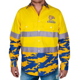 West Coast Eagles AFL Camo Hi Vis Work Shirt Mens Long Sleeve Official Supporter Workwear