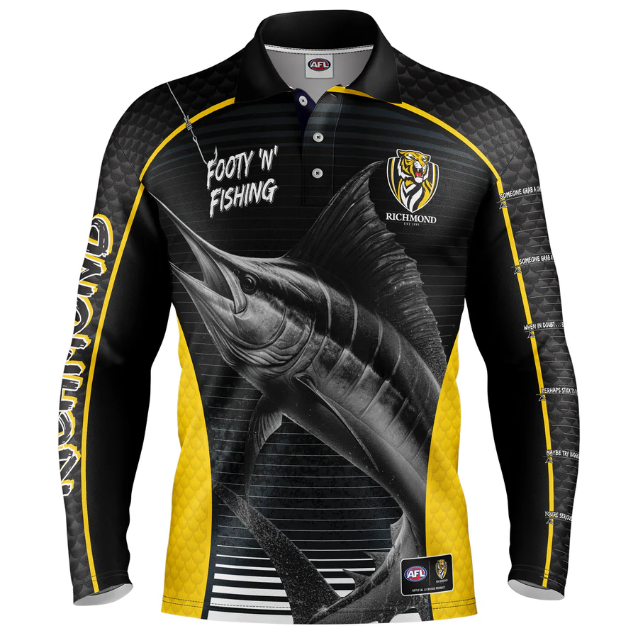 Richmond Tigers AFL Footy N Fishing Shirt UPF 50+ Youth & Adult Sizes