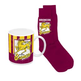 Brisbane Broncos NRL Ceramic Coffee Mug Cup and Jacquard Knit Socks